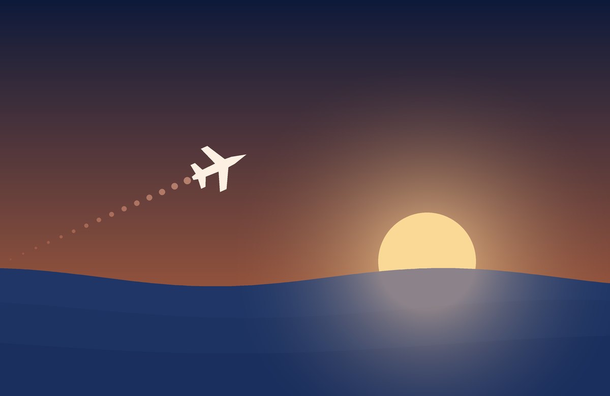 Illustration: an airliner climbing away at sunrise, leaving a vapour trail
