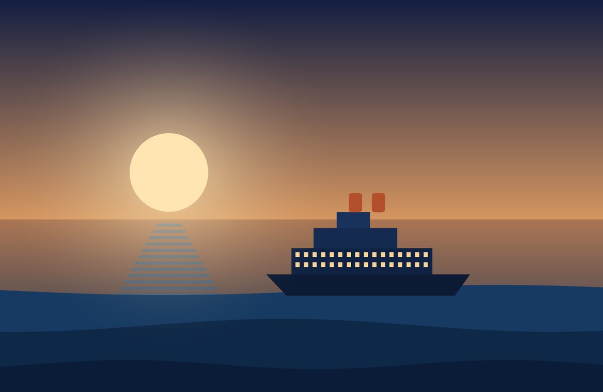 Illustration: a cruise ship on a calm sea at sunset