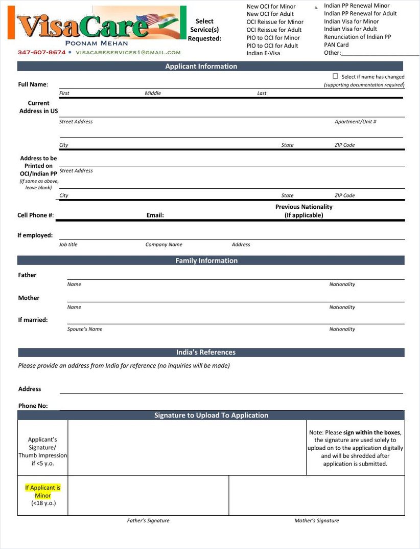 Preview of the one-page VisaCare Form