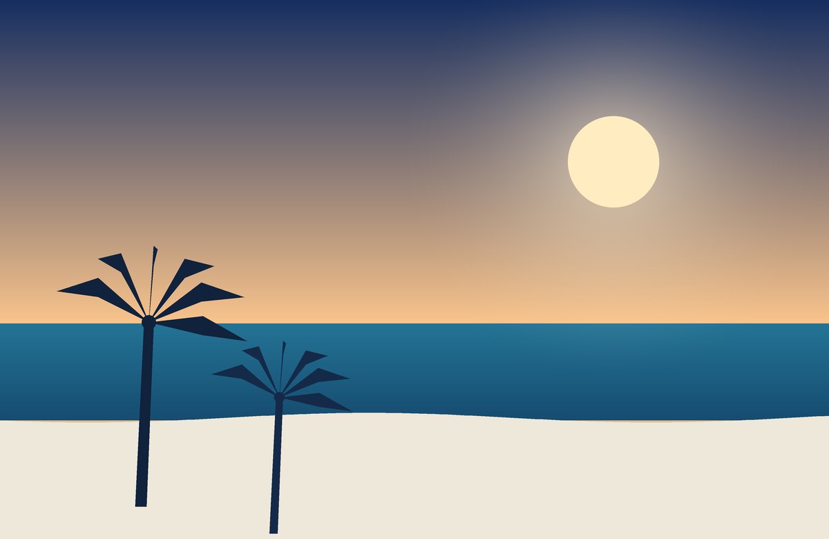 Illustration: palm trees on a beach beside a bright sea