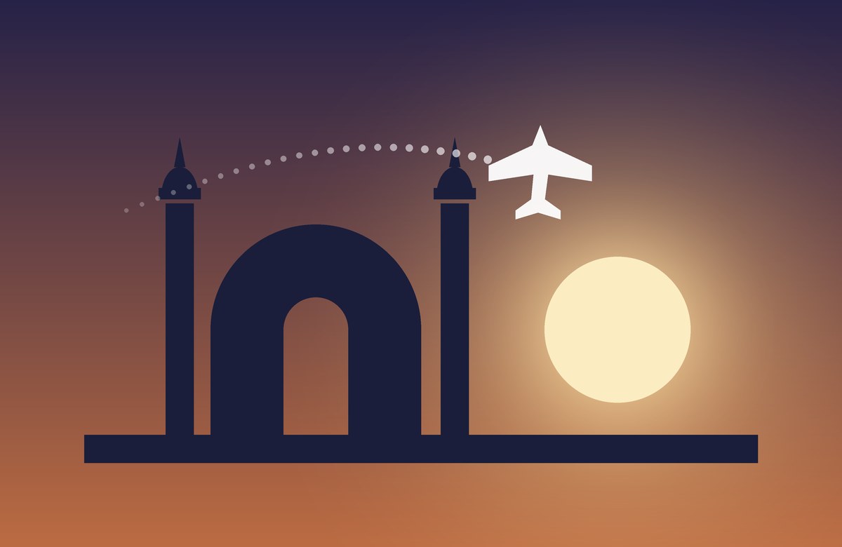 A domed arch and minarets in silhouette against a sunset, with an airliner overhead