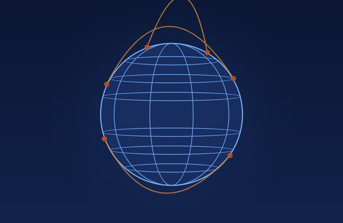 A wireframe globe with three flight routes arcing away from it