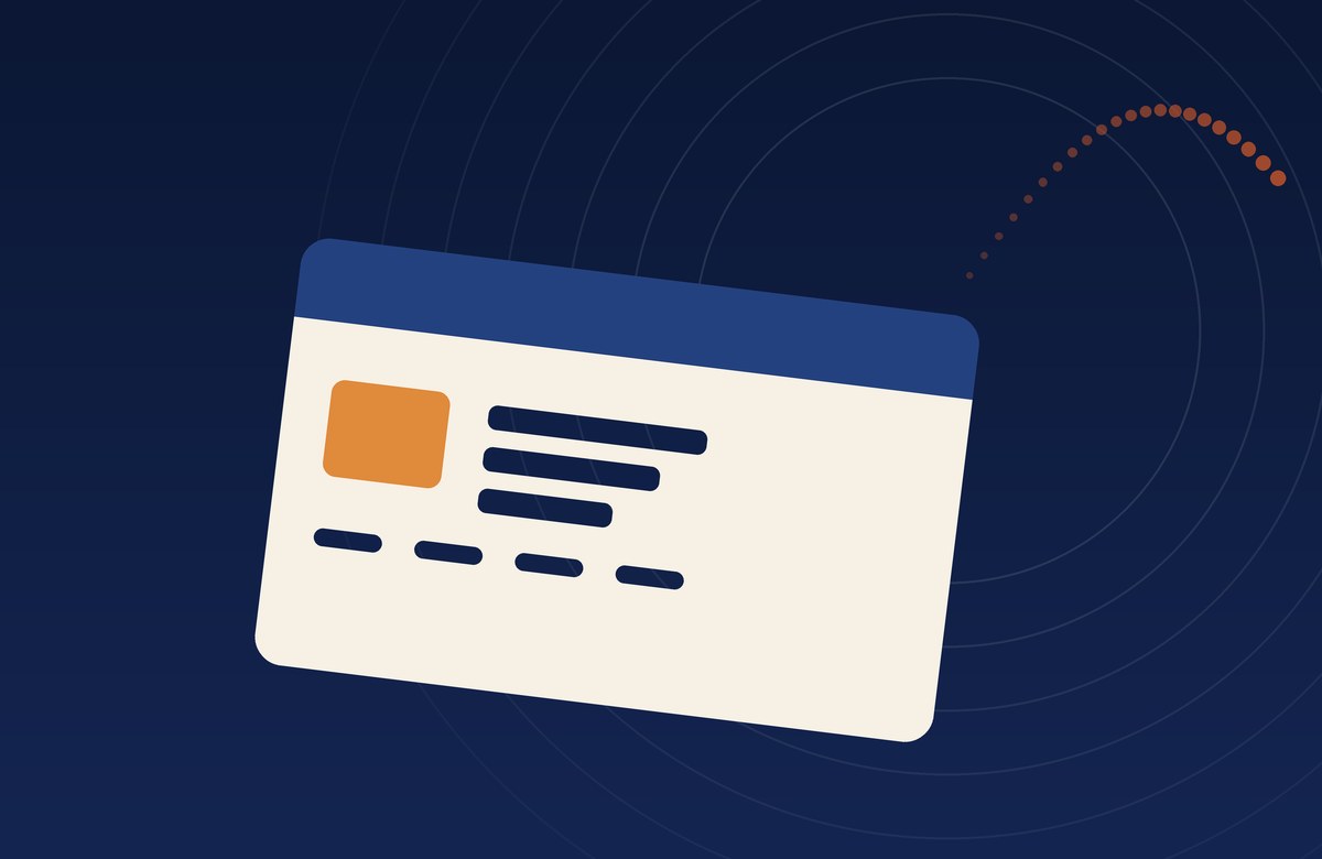 An OCI card, drawn flat in navy and cream, with a dotted flight path leaving it