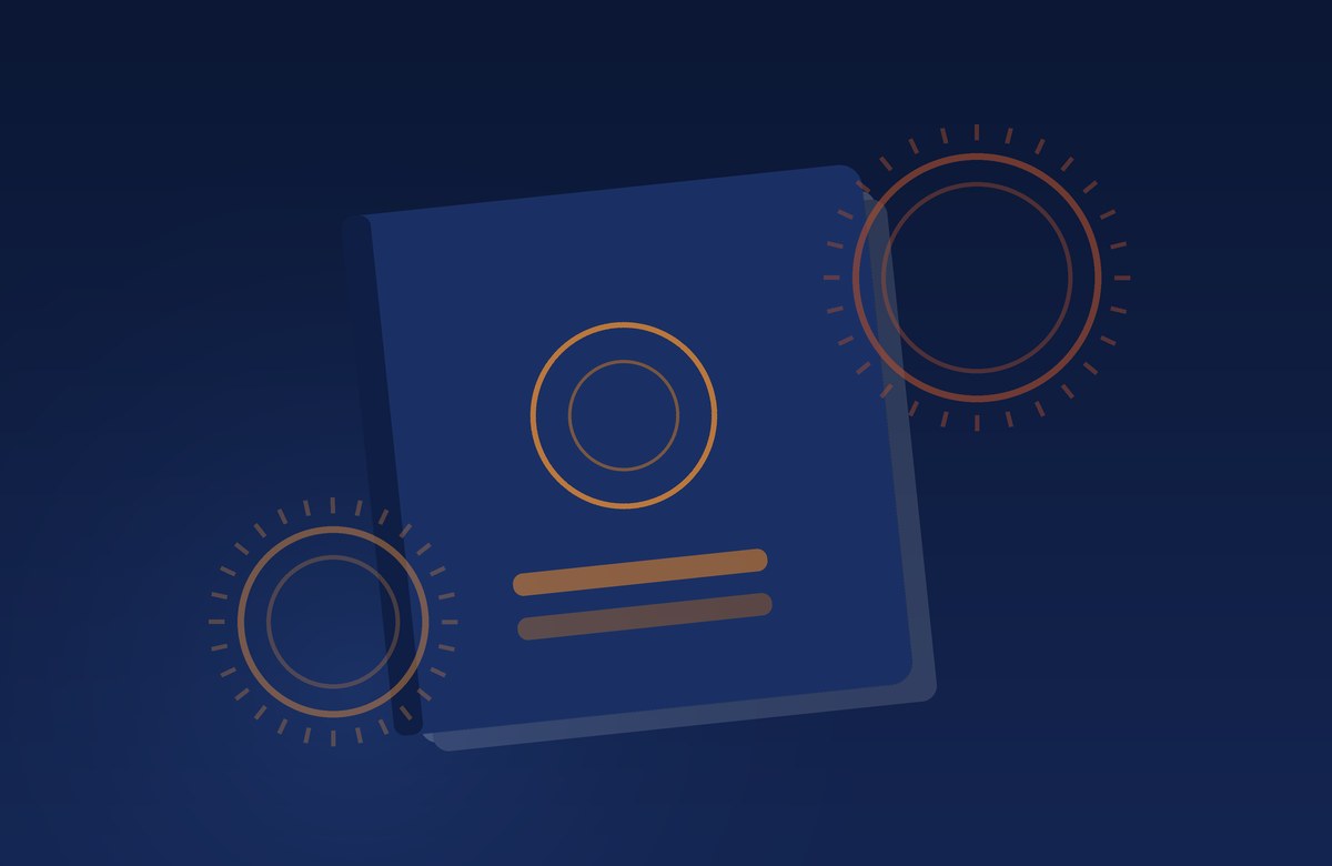 A passport booklet with two consular stamps, drawn flat in navy and saffron