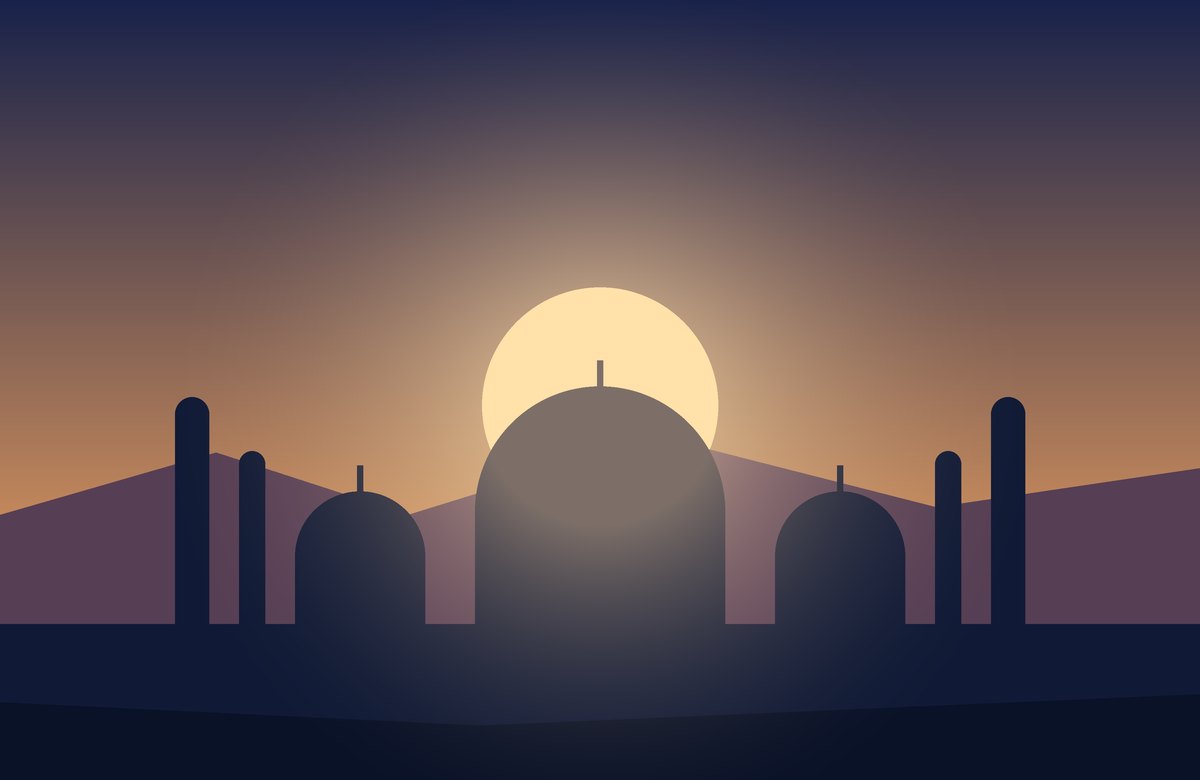 Illustration: a domed skyline silhouetted against a low sun